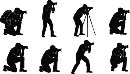 Photographer silhouettes set, professional camera poses, photography workflow, studio and outdoor shooting concepts, creative media illustration collection © kulsum creatives