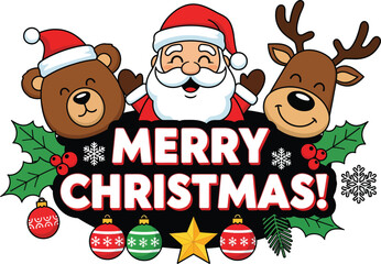 Cartoon “Merry Christmas” Banner Illustration – Santa, Bear, Reindeer, Ornaments, Holly, and Snowflakes for Holiday or Festive Design Assets