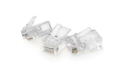 Transparent network plugs isolated on white.