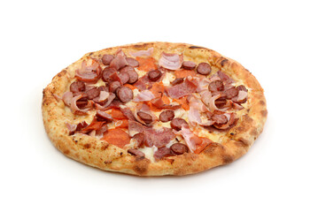 Fresh meat pizza isolated on white.