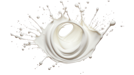 Dramatic milk splash with perfect circular crown pattern on transparent background