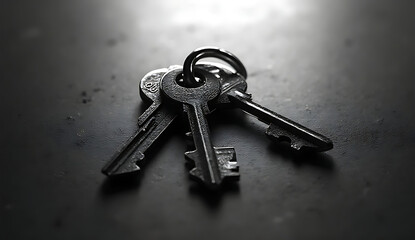 A close-up of several keys on a surface, metallic and slightly tarnished, with subtle reflections, 8k image