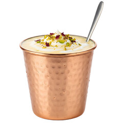 Creamy Lassi Drink in Hammered Copper Cup Topped with Pistachios and Rose Petals