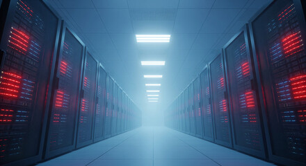  A wide-angle, atmospheric shot of a vast, empty server room stretching to the horizon, rows of glowing red and blue LED racks, cool foggy air, cinematic lighting, 169 aspect ratio.