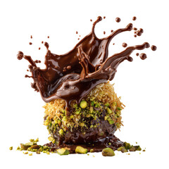 Dubai chocolate splash with fudgy pistachio nut cream on transparent background