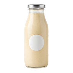 Glass bottle of creamy yellow smoothie with white label on a transparent background
