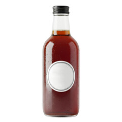 Glass bottle with dark beverage and blank white label isolated on transparent background