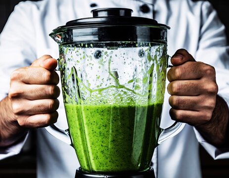 Chef Holding Glass Blender With Green Smoothie And Leaves In Kitchen Close Up