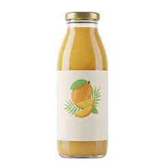 Golden Mango Juice In A Clear Glass Bottle With A Simple Label Featuring Fruit Slices And Leaves