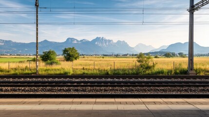 Train platform in foreground with rails, golden fields beyond, trees, and distant mountains beneath a blue sky