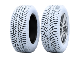 Two snow covered car tires with silver rim isolated on transparent background