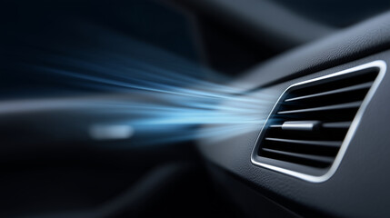 Blue cool air flow dynamics streaming from modern vehicle climate control vent system, air conditioning comfort, defocused car interior background, with copy space