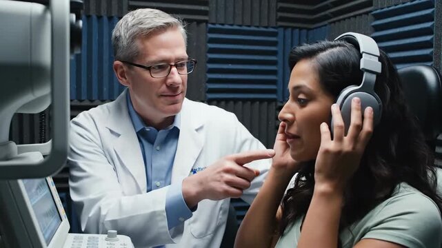 Professional Medical Consultation In Soundproof Laboratory With Doctor And Patient Ear Examination