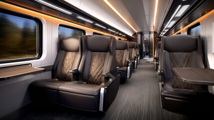 Inside a modern train cabin, plush leather seats line a softly lit aisle, windows revealing motion. With ease