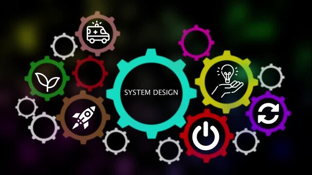 System Design Concept with Interlocking Gears and Icons Keywords: system design, gears, interlocking, technology, innovation, process, workflow