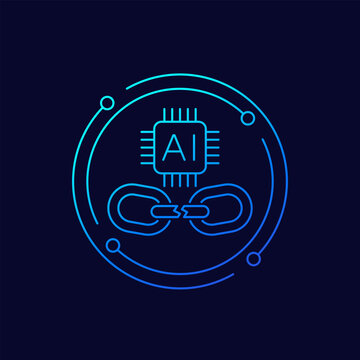 Broken link and AI chipset icon, linear design