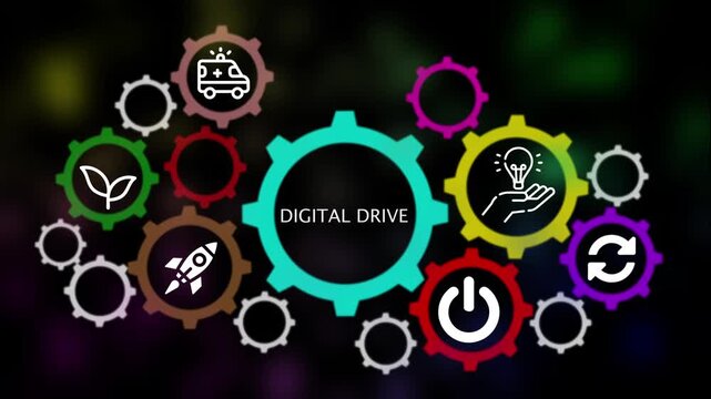 Digital Drive Concept with Interlocking Gears and Icons Keywords: digital drive, gears, interlocking, technology, innovation, process, workflow