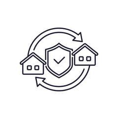 landlord insurance line icon with houses and shield