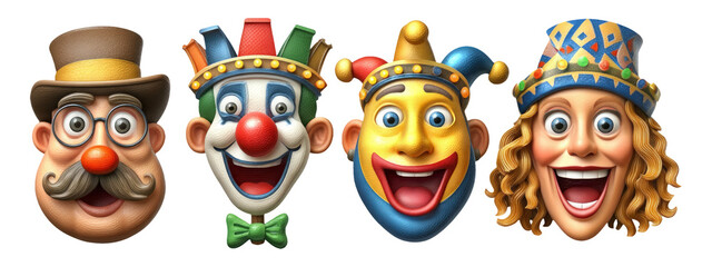 Fototapeta premium Colorful Cartoon Faces of Clowns with Various Hats and Expressions on Isolated Background