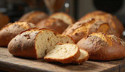 Sliced loaf showing a soft, airy crumb and a crisp, lightly toasted crust with herbs on top, 32K Resolution
