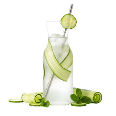 Refreshing Cucumber Infused Water in Clear Glass Bottle with Ice and Mint Leaves Transparent Background
