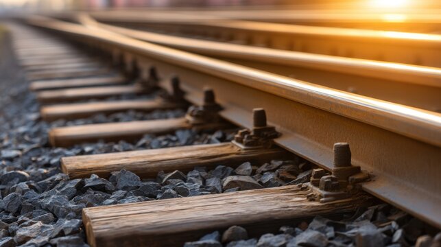 Sunlit railway tracks stretch into the distance, wooden sleepers and gravel under glowing evening lights, dusk