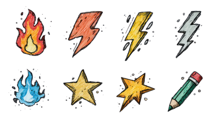 Fire flame icon — brush grunge crayon vector illustration on transparent background