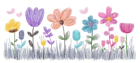 Flower kid crayon pencil vector &mdash; childish spring floral illustration on transparent background