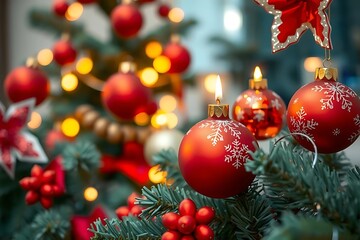 A close up view of a decorated christmas tree with red ornaments and lights