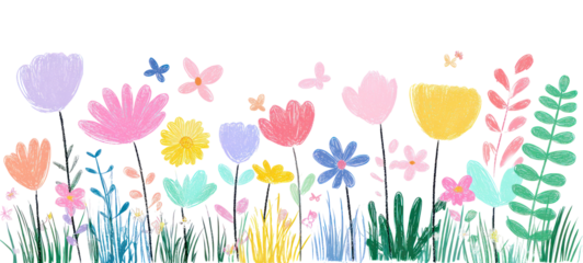 Flower kid crayon pencil vector — childish spring floral illustration on transparent background