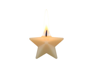 five-pointed star shaped candle burning with a tall, bright white flame and a subtle melt, no background svg
