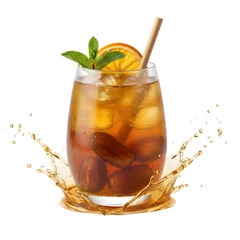 Refreshing iced tea with dates orange slice and mint garnish with splash isolated on white