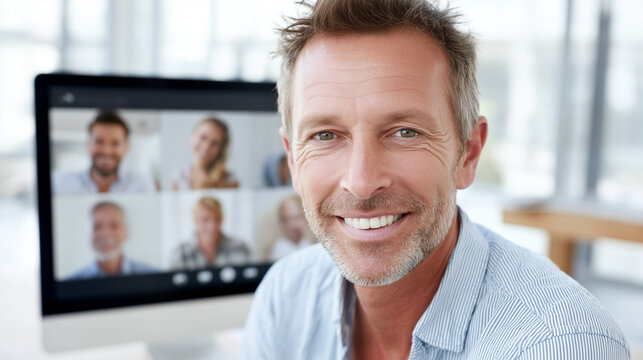 A virtual speed dating video call on a modern desktop monitor. American man (55 years old, light skin, brown hair, clear eyes) smiling during an online date. Around the screen, 4 s
