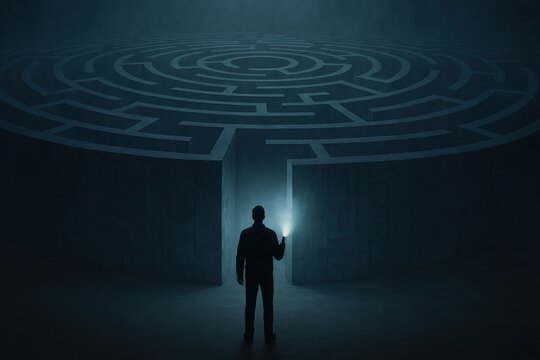 Navigating the Labyrinth: A solitary figure confronts a complex maze, holding a luminous source, symbolizing the search for answers and overcoming challenges within an intricate mental landscape.