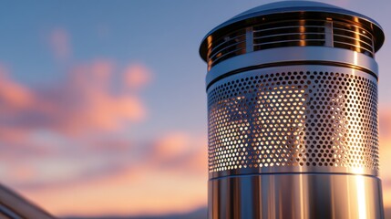 Sleek stainless vent with perforations towers before a warm sunset, streaked clouds framing metallic shine....