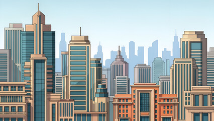 Vibrant flat design illustration of a modern city skyline with skyscrapers and glass facades. Ideal for presentations, web banners, or apps clean, contemporary urban background with layered depth.