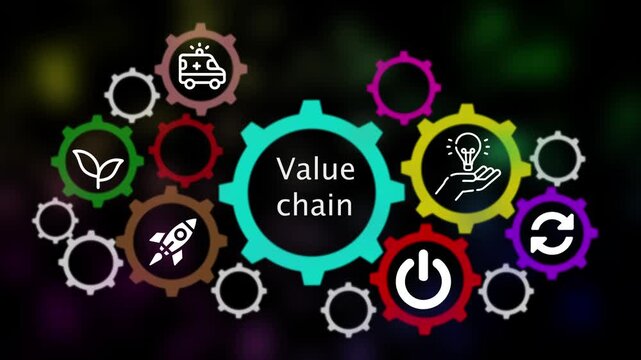 Interlocking Gears Illustrating a Value Chain with Diverse Icons and Dark Background cogwheels