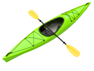 A green kayak with a black cockpit and yellow paddles isolated on transparent background