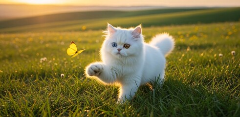 White kitten playing with yellow butterfly in green field