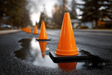 Orange safety cones strategically placed on a wet road surface