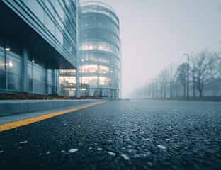 Fototapeta premium Modern office building with a curved glass facade on a foggy day, with asphalt