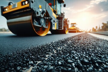 Road roller compacting asphalt on a new road surface