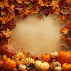 Pumpkin patch with pumpkins and leaves on yellow background with copy space