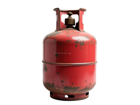 A close-up shot of a red propane gas bottle against a clean white background