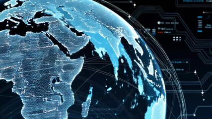 Global communication technology concept featuring a digital Earth with glowing connection lines and flowing data streams. Futuristic technology theme with dynamic light effects, emphasizing worldwide  - Powered by Adobe