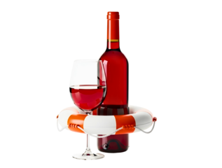 A wine glass and bottle floating in an orange and white life preserver on white isolated on transparent background
