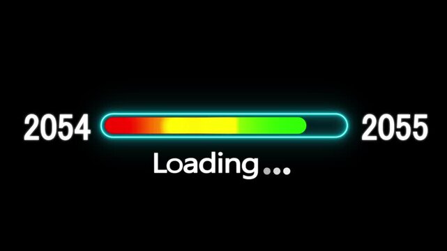 Loading bar animation with year transition 2054 to 2055. New year 2055 loading bar animation. digital loading screen with glowing progress bar and years counter animation with year change