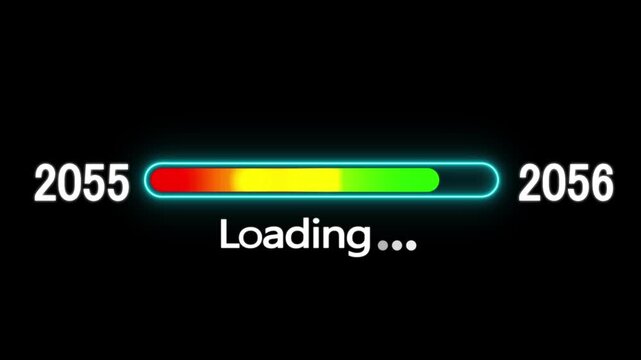 Loading bar animation with year transition 2054 to 2055. New year 2055 loading bar animation. digital loading screen with glowing progress bar and years counter animation with year change.