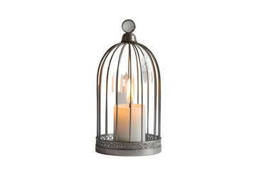 small silver colored birdcage lantern with a simple lit white cylindrical candle inside, no background svg