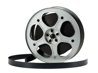 A reel of film on a white background, ideal for use in photo editing or filmmaking demonstrations